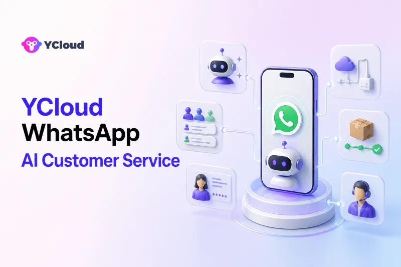 YCloud WhatsApp AI customer service connecting AI Agent, Inbox, customer data, orders, and human support