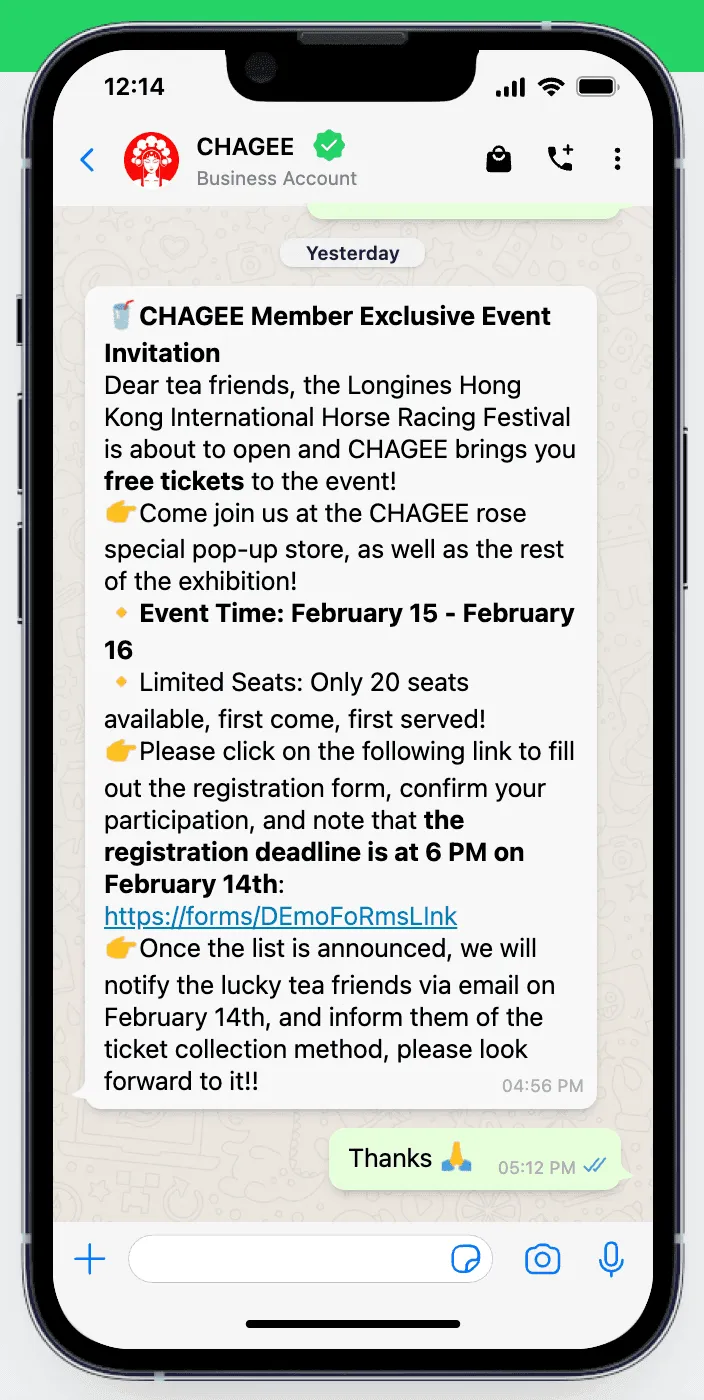 CHAGEE WhatsApp Marketing - YCloud WhatsApp AOI