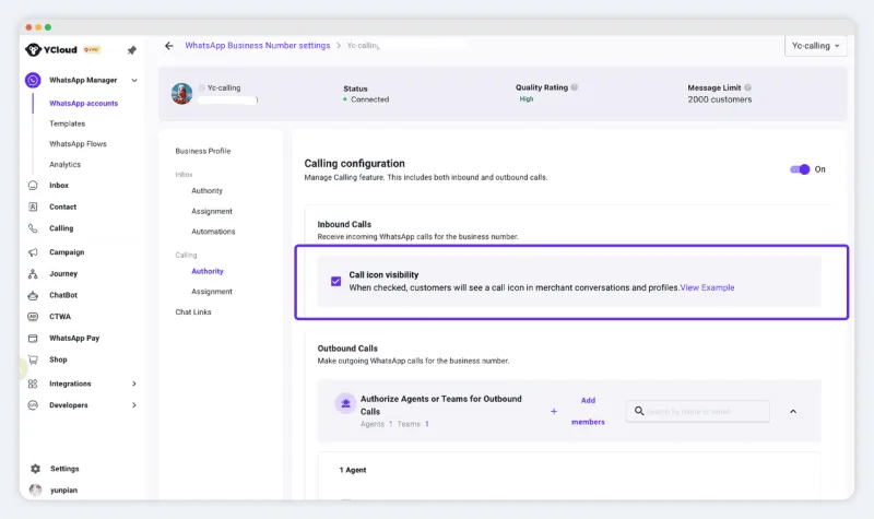 如何启用 WhatsApp 通话 YCloud