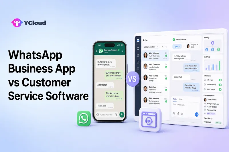 WhatsApp Business App vs Customer Service Software — YCloud Blog cover