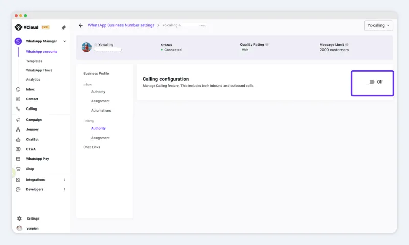 如何在 YCloud 上启用 WhatsApp 通话 YCloud